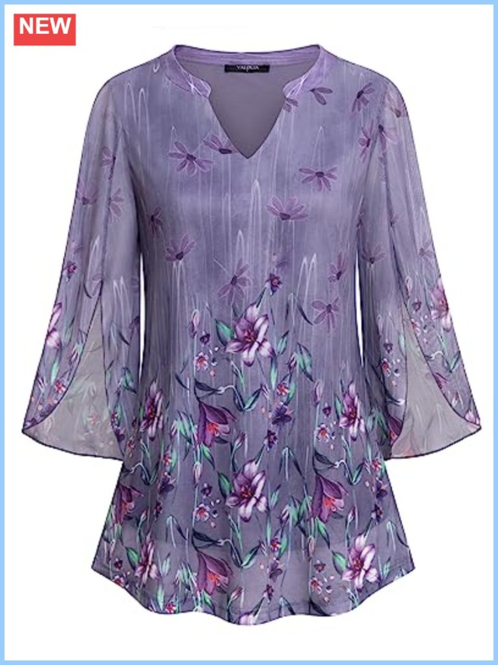 Women's 3/4 Sleeve Floral Tunic V-Neck Double Layer Loose Fit Mesh Blouse Shirt